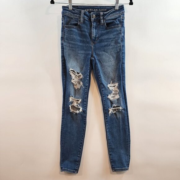 American Eagle Next Level‎ Stretch High Rise Jeggings Distressed Stretch 2 SHORT - Picture 2 of 11